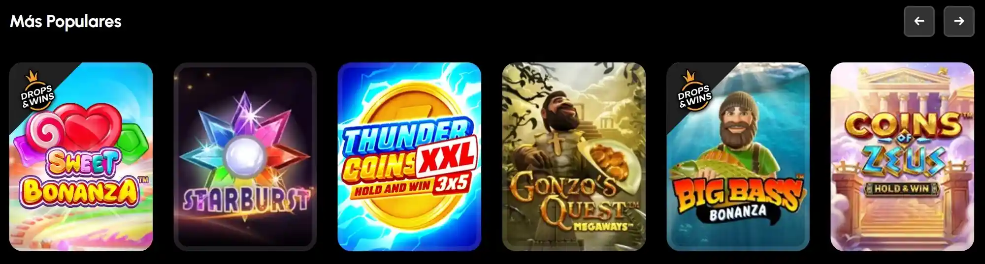 Juegos más populares en SpinGrande: Sweet Bonanza, Starburst, Thunder Coins XXL, Gonzo's Quest, Big Bass Bonanza y Coins of Zeus