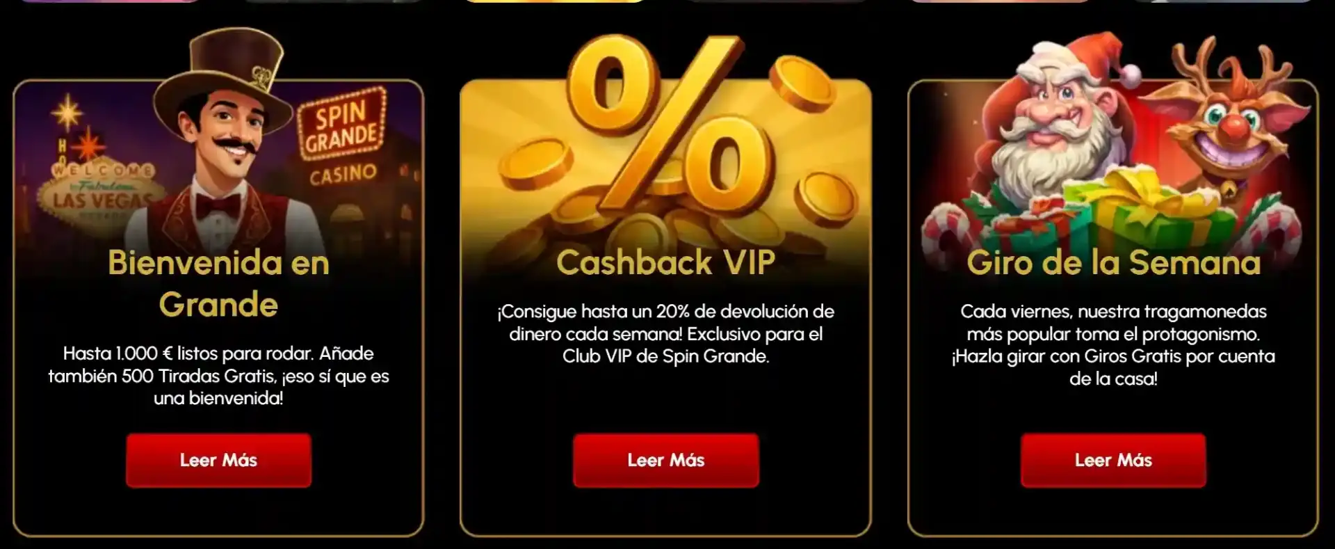Promociones SpinGrande: Bienvenida en Grande hasta 1000€, Cashback VIP hasta 20% semanal, y Giro de la Semana con tiradas gratis